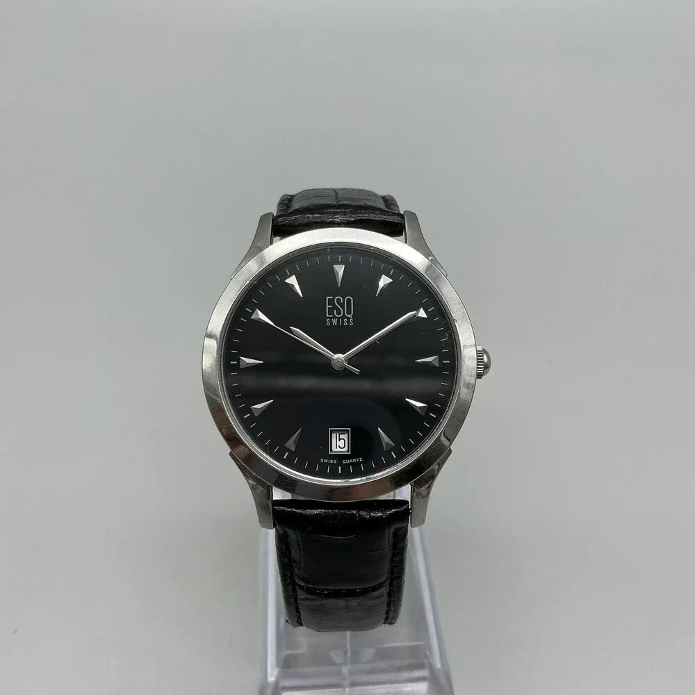 ESQ Movado Swiss E5203 Mens Watch 35mm Black Dial Leather Date New Battery